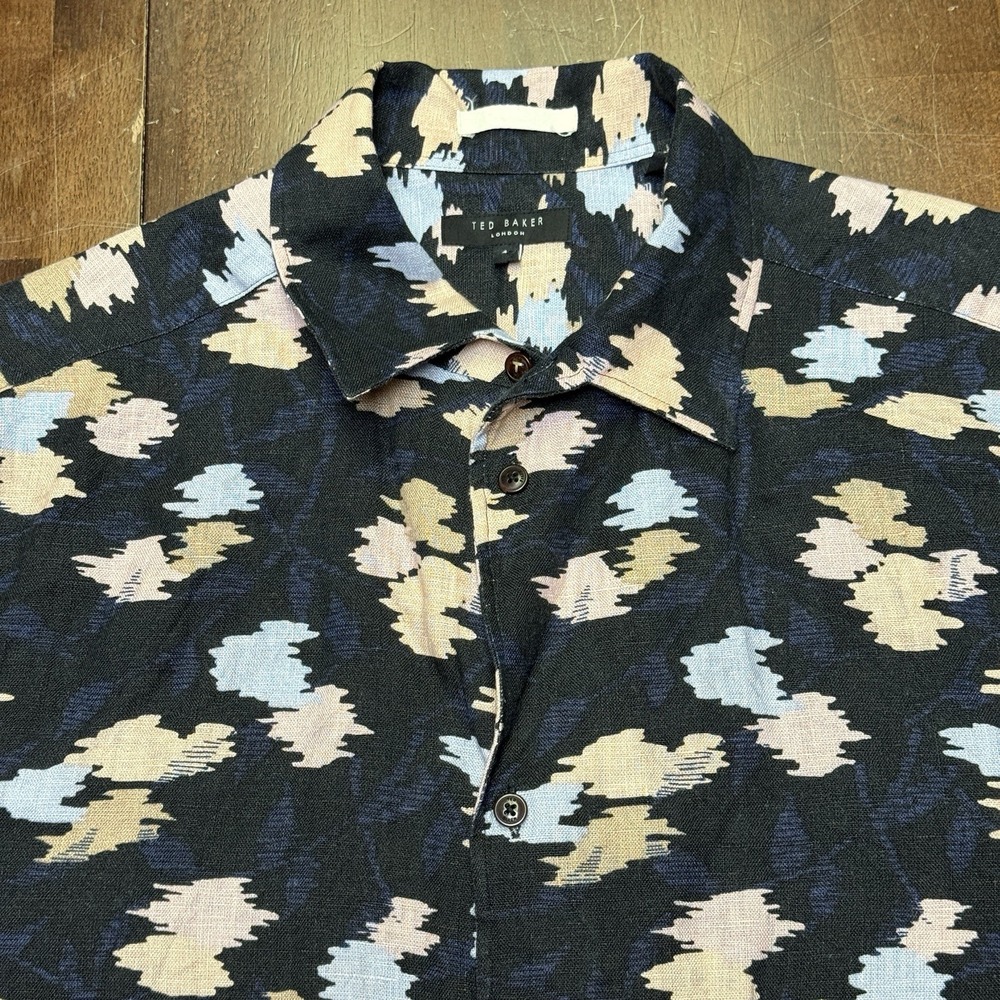 Ted Baker 100% Linen Hadrian Abstract Front Button Shirt‎ Size 4 Large